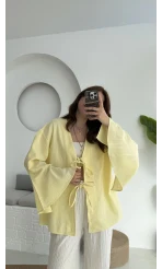 Happyi Kimono Bağlamalı Keten Bluz Sarı