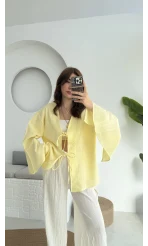 Happyi Kimono Bağlamalı Keten Bluz Sarı