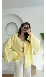 Happyi Kimono Bağlamalı Keten Bluz Sarı