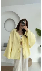 Happyi Kimono Bağlamalı Keten Bluz Sarı