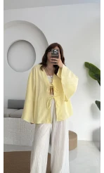 Happyi Kimono Bağlamalı Keten Bluz Sarı