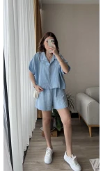 Harper Bebe Mavisi Gömlek Şort Takım