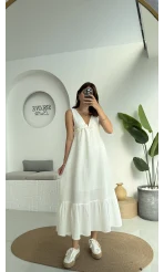 Hazel V Yaka Elbise - 3043 - Beyaz
