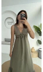 Hazel V Yaka Elbise - 3043 - Haki