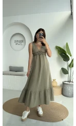 Hazel V Yaka Elbise - 3043 - Haki