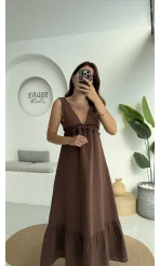 Hazel V Yaka Elbise - 3043 - Kahve