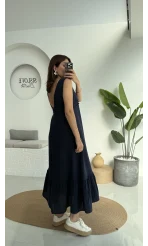 Hazel V Yaka Elbise - 3043 - Lacivert