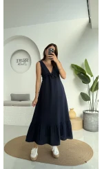 Hazel V Yaka Elbise - 3043 - Lacivert