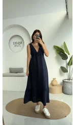 Hazel V Yaka Elbise - 3043 - Lacivert