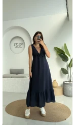 Hazel V Yaka Elbise - 3043 - Lacivert