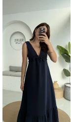 Hazel V Yaka Elbise - 3043 - Lacivert