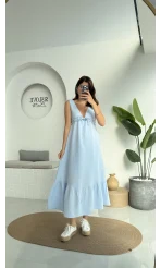 Hazel V Yaka Elbise - 3043 - Mavi