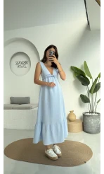 Hazel V Yaka Elbise - 3043 - Mavi