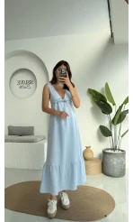 Hazel V Yaka Elbise - 3043 - Mavi