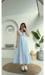 Hazel V Yaka Elbise - 3043 - Mavi