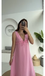 Hazel V Yaka Elbise - 3043 - Pembe