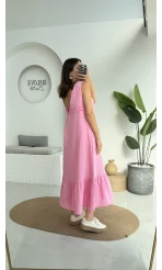 Hazel V Yaka Elbise - 3043 - Pembe