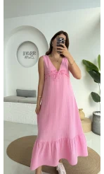 Hazel V Yaka Elbise - 3043 - Pembe