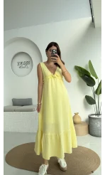 Hazel V Yaka Elbise - 3043 - Sarı