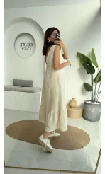 Hazel V Yaka Elbise - 3043 - Taş