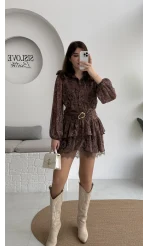 Helen Şifon Kısa Elbise - Kahverengi - Kod: 3071