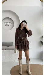 Helen Şifon Kısa Elbise - Kahverengi - Kod: 3071