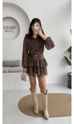 Helen Şifon Kısa Elbise - Kahverengi - Kod: 3071