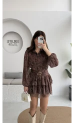 Helen Şifon Kısa Elbise - Kahverengi - Kod: 3071