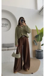 Hera Kemerli Bol Paça Kumaş Pantolon - Kahverengi