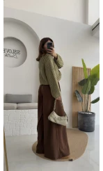 Hera Kemerli Bol Paça Kumaş Pantolon - Kahverengi