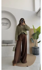 Hera Kemerli Bol Paça Kumaş Pantolon - Kahverengi