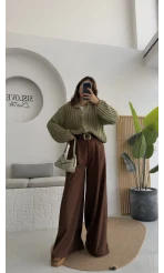 Hera Kemerli Bol Paça Kumaş Pantolon - Kahverengi