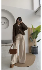 Hera Kemerli Bol Paça Kumaş Pantolon - Krem