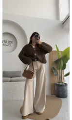 Hera Kemerli Bol Paça Kumaş Pantolon - Krem