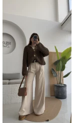 Hera Kemerli Bol Paça Kumaş Pantolon - Krem