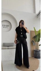 Hera Kemerli Bol Paça Kumaş Pantolon - Siyah