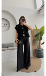 Hera Kemerli Bol Paça Kumaş Pantolon - Siyah