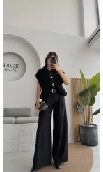 Hera Kemerli Bol Paça Kumaş Pantolon - Siyah