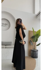 Hera Kemerli Bol Paça Kumaş Pantolon - Siyah