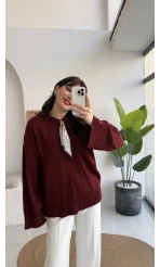 Hilary Yakası Aksesuar Detaylı Fular Bağlamalı Kazak - Bordo