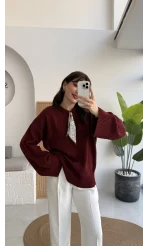 Hilary Yakası Aksesuar Detaylı Fular Bağlamalı Kazak - Bordo