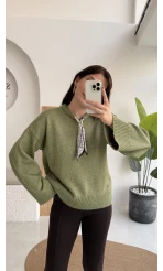 Hilary Yakası Aksesuar Detaylı Fular Bağlamalı Kazak - Mint