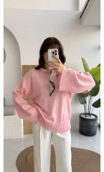 Hilary Yakası Aksesuar Detaylı Fular Bağlamalı Kazak - Pembe