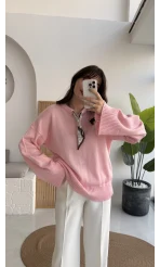 Hilary Yakası Aksesuar Detaylı Fular Bağlamalı Kazak - Pembe