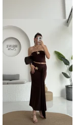 Hilda Deniz Yıldızı Detaylı Straplez Bluz Etek Takım - Kahve - 0510