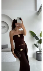Hilda Deniz Yıldızı Detaylı Straplez Bluz Etek Takım - Kahve - 0510