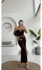 Hilda Deniz Yıldızı Detaylı Straplez Bluz Etek Takım - Kahve - 0510