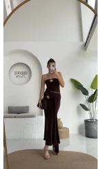 Hilda Deniz Yıldızı Detaylı Straplez Bluz Etek Takım - Kahve - 0510