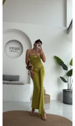 Hilda Deniz Yıldızı Detaylı Straplez Bluz Etek Takım - Yağ Yeşili - 0510