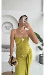 Hilda Deniz Yıldızı Detaylı Straplez Bluz Etek Takım - Yağ Yeşili - 0510